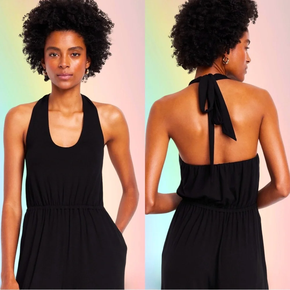 NWTS💓GAP OLD NAVY LG💓BLACK GREEK HALTER STYLE JUMPSUIT ELASTIC WAIST POCKETS - Picture 5 of 14